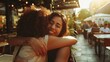 beautiful women giving each other a greeting hug in a restaurant or cafe