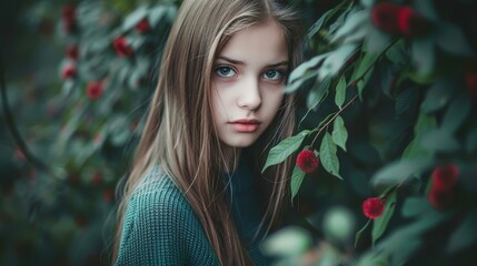 Poster - a woman with long hair and blue eyes standing in front of a bush with red flowers and green leaves on it.