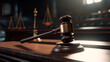 A wooden gavel sits on a wooden table. The gavel is golden and has a black handle. The table is made of wood and has a dark finish. The scene is set in a courtroom