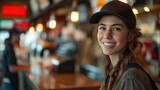 Fototapeta Las - Portrait of young pretty woman staff working in fast food restaurant. Generative AI