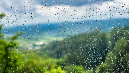 Wall Mural - summer rain wet glass abstract background landscape on a rainy day outside the window blurred background