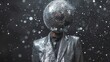Man in Silver Suit With Disco Ball on Head