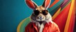 A fashionable and chic bunny wearing sunglasses, set against a vibrant and eye-catching background, copy space, eggs