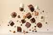Assorted chocolate candies and nuts  falling on beige background 