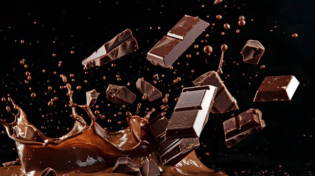 Delicious chocolate bar piece falling into chocolate splash