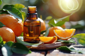 Poster - A bottle of aromatherapy essential oil with fresh tangerines and oranges