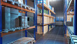 Distribution company warehouse. Warehouse racks inside large hangar. Distribution warehouse with boxes and barrels. Factory storage area. Storehouse furniture for placing pallets. 3d image