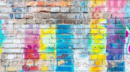 Wall Mural - a painting on a brick wall that has been painted with colors of different shades of blue, yellow, pink, orange, and green.