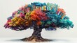 A magnificent tree with leaves made from colorful books represents the tree of knowledge, with a background signifying the four seasons, conveying growth and the perennial nature of learning.