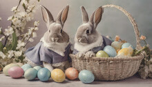 Two cute Easter bunnies fluffy baby rabbits dressed in Victorian style clothes with a basket full of colorful easter eggs and spring flowers. Beautiful vintage Easter card. Generative AI.