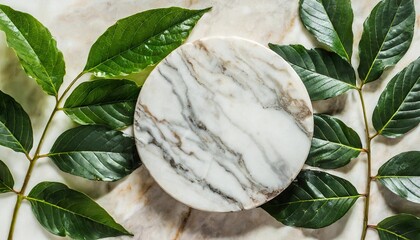 Wall Mural - top view of marble podium and leaves for display of natural cosmetics nature background for luxury product placement