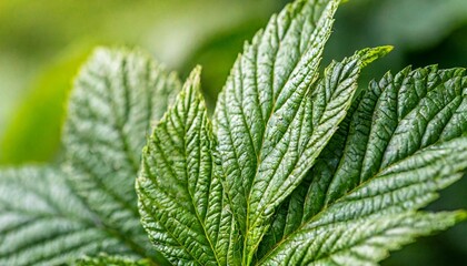 Wall Mural - close up of a green leaf structure and texture background with place for text concept of eco friendly ecology and healthy environment