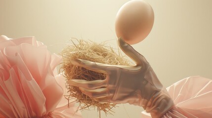 Wall Mural - a hand holding an egg in a nest with a pink flower in the foreground and a pink flower in the background.