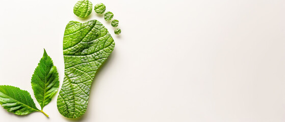 human green footprint made of green natural leaves on a white background with space to design