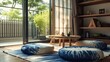 Cozy reading nook with a tatami mat low table and shibo