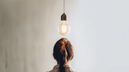 Wall Mural - A woman with a ponytail is looking up at a light bulb. The light bulb is lit up and is shining on her face