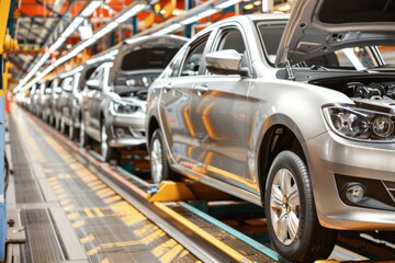 Poster - A row of cars are being manufactured in a factory