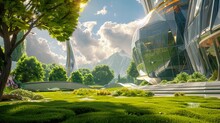 A Manicured Green Lawn Stretching Out In Front Of A Futuristic, Glass-clad Structure, The Juxtaposition Of Nature And Modernity Creating A Harmonious Blend, Soft Sunlight Illuminating The Scene