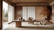 Japandi home office with a low desk shoji screens 
