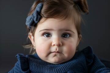 Wall Mural - A baby girl with a blue sweater and a blue bow in her hair