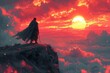 © Edik - A lone figure contemplates a vibrant sunset from a cliff, enveloped by clouds in a dramatic, awe-inspiring scene