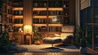 Japandi reading nook with a low chair, wooden bookshelves, and soft lighting
