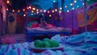 a plate of fruit sitting on top of a bed in a room with lights strung from the ceiling and a woman laying on a bed in the background.
