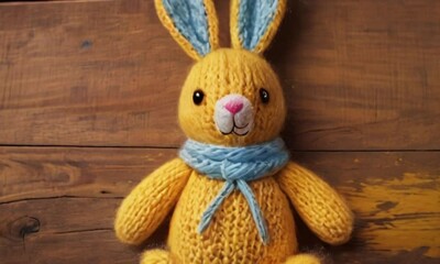 Sticker - Cute knitted easter bunny, cuddly toy, on yellow painted wooden table, wood background texture, top view, created with generative ai