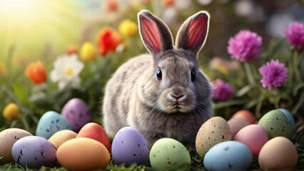 Sticker - Easter card with a gray bunny and multi-colored painted Easter eggs on a spring meadow in the rays of the sun at dawn created with generative ai