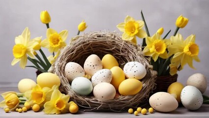 Canvas Print - White and yellow easter eggs in a bird nest basket and yellow daffodils flower for Easter created with generative ai	
