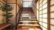 Japandi staircase with wooden steps, black handrails, and shoji screen accents