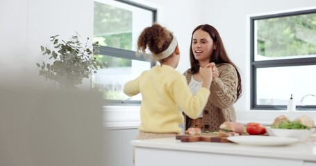 Wall Mural - Parent, daughter and kitchen with fun, dancing and celebration and relaxation. Mother, child and support with home, wellness and love for carefree childhood bonding together at house or apartment