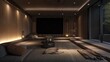 Japandi-inspired home theater with low seating, natural textures, and muted lighting.