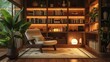Japandi reading nook with a low chair, wooden bookshelves, and soft lighting