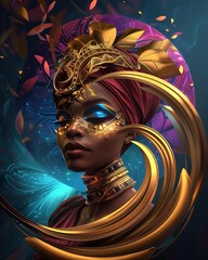 Futuristic African goddess with emphasis on her elaborate headdress,  exquisite intricate details. Digital art, portrait. Beautiful woman, African black queen