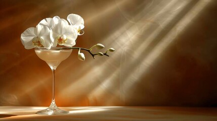 a white orchid in a martini glass on a wooden table with sunlight streaming through the back of the glass and the light coming through the back of the glass.