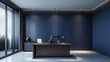 Modern office with a feature wall in deep indigo, a minimalist desk, and adjustable task lighting