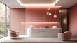 Modern office with a feature wall in muted coral, a sleek desk, and pendant lighting


