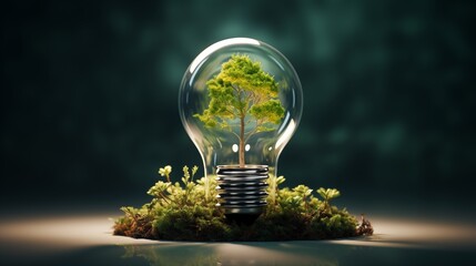 Wall Mural - A light bulb with a tree inside, on dirt ground, green background, a white line drawing of the sun in the top left corner. The lightbulb shape has an outline that resembles energy waves or wind, repre