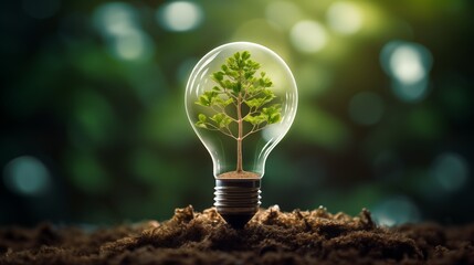 Sticker - visual representation of a sustainable energy concept through a light bulb with a tree inside, placed on dirt ground, with a green background and a symbolic sun drawing in the top left corner
