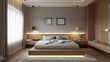 Neutral bedroom with warm wood accents, a low bed, and adjustable wall-mounted reading lights