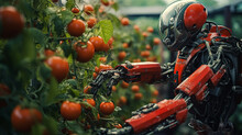 A Robot Is Picking Tomatoes From A Plant. The Robot Is Red And Has A Metallic Appearance. The Scene Is Set In A Greenhouse, And The Robot Is Working To Harvest The Tomatoes