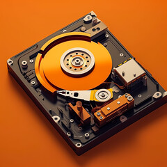 A close up of a computer hard drive with a yellow disk. Concept of disrepair and abandonment