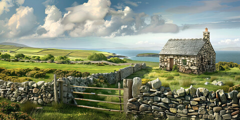 Wall Mural - stone cottage in the irish countryside, generative AI