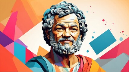 Wall Mural - Democritus portrait colorful geometric shapes background. Digital painting. Vector illustration from Generative AI