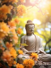 Wall Mural - Buddha statue. background blurred flowers and sky with the light of the sun and copy space - generative ai