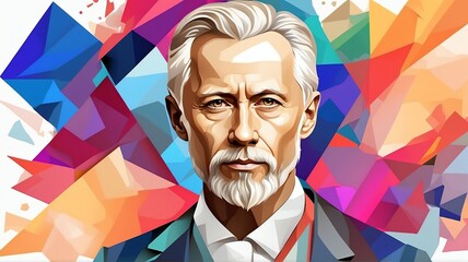 Wall Mural - Pyotr ilyich tchaikovsky portrait colorful geometric shapes background. Digital painting. Vector illustration from Generative AI