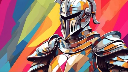 Poster - Typical knight warrior portrait colorful geometric shapes background. Digital painting. Vector illustration from Generative AI