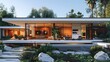 a white mid-century modern house exterior, with clean lines, expansive windows, and minimalist landscaping, portrayed in stunning 16k resolution.