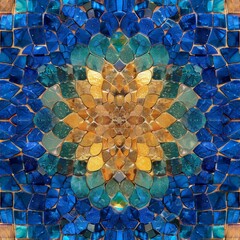 Fototapete - A colorful mosaic tile featuring intricate patterns of blue and green, adorned with a bright yellow flower in the center
